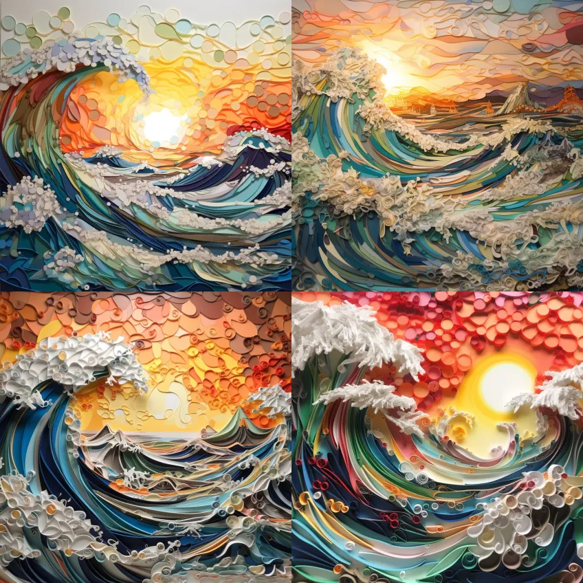 一幅纸笔画，展示了巨浪在夕阳海岸线上冲撞 – Midjourney Prompt-葫芦娃AI-一起学AI葫芦娃AI