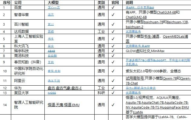 图2 部分本土大模型信息